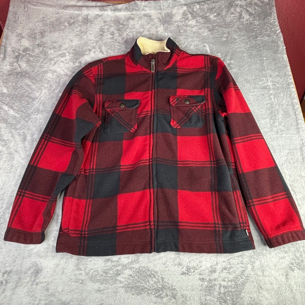IZOD Fleece Jacket Men Large Red Black Buffalo Plaid Full Zip Sherpa Collar